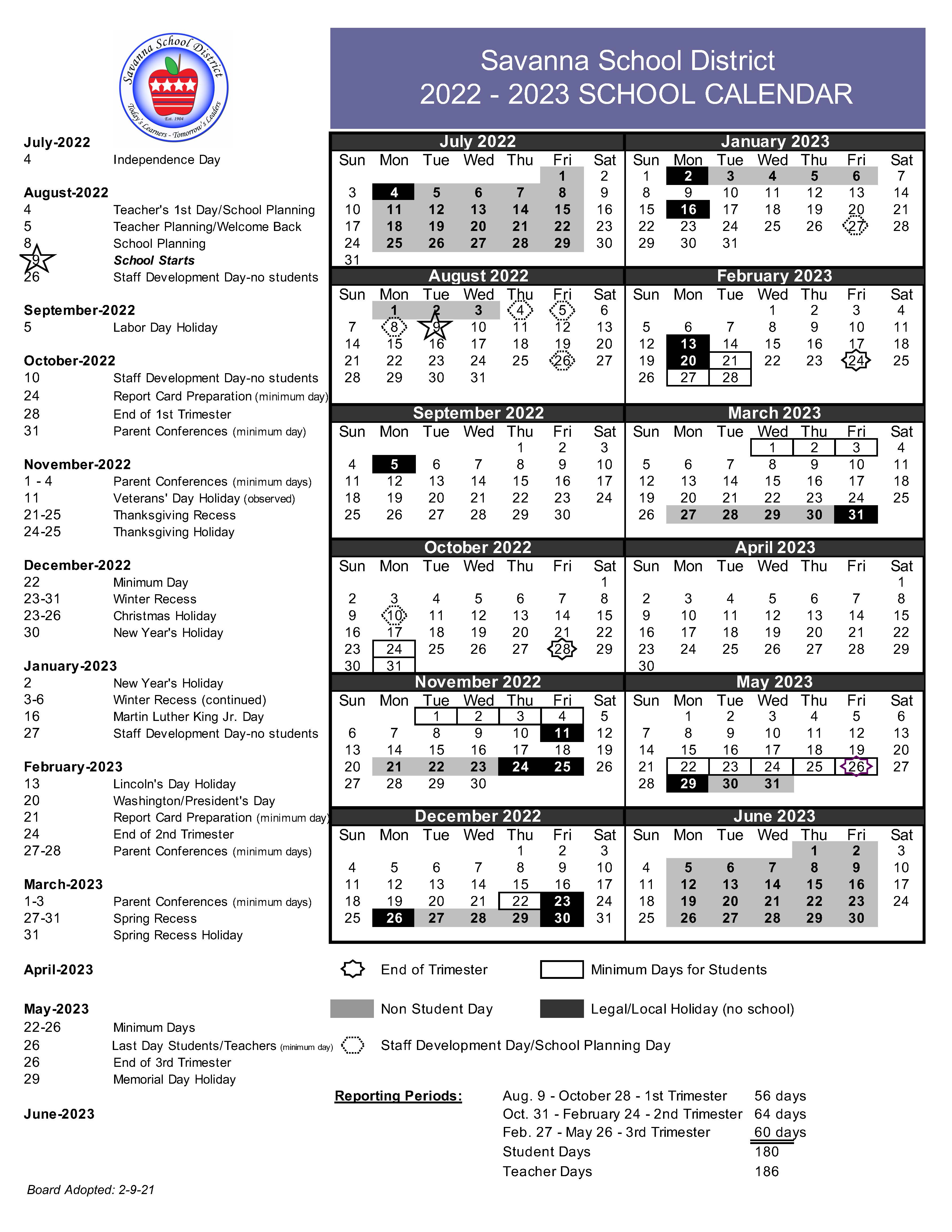 Csun 2022 23 Calendar Savanna School District Academic Calendar